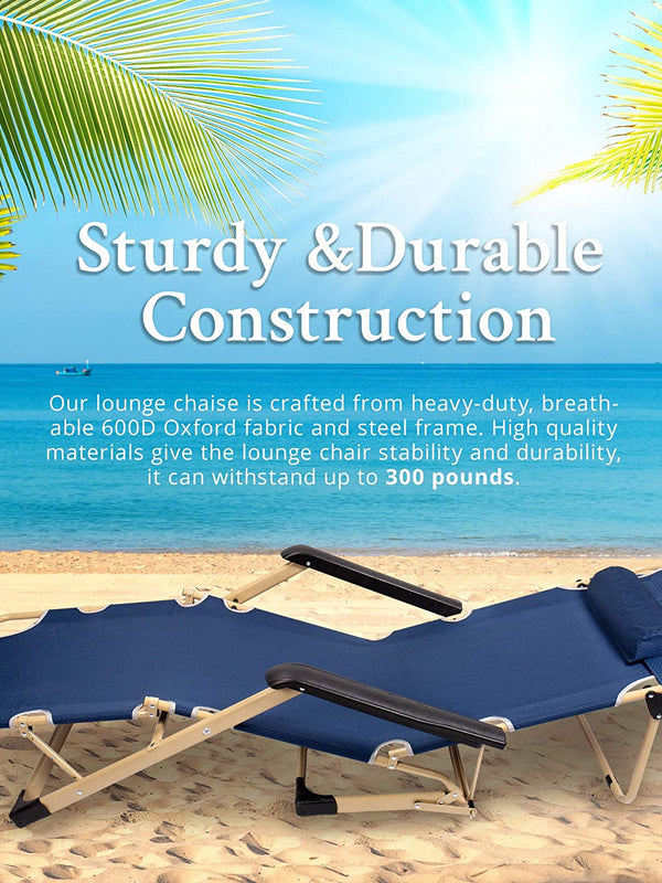 Outdoor Lounge Chairs – Foldable 178 x 66 x 32 cm - Adjustable Footrest and Padded Armrests – Backrest Support Reinforcement Rod